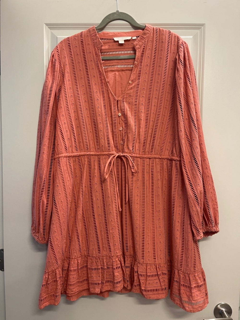 Eyelet Tie-Waist Mini Dress in Coral Pink
